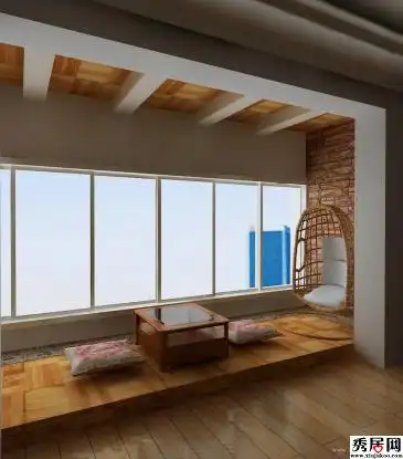 现代原木风格客厅阳台改休闲地台装修效果图 阳台藤制吊椅秋千摆放