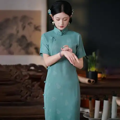 蓝色旗袍一片式无省民国风年轻款少女全开襟曳地古法传统日常可穿