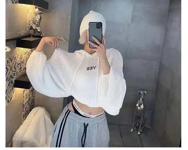 21春夏新品潮牌网红ins博主连帽毛针织衫露腰卫衣女短百搭凉爽