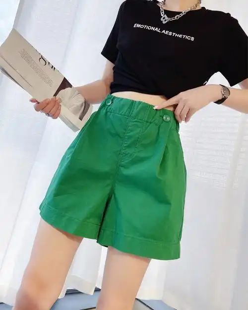 短裤洋气绿色女夏松紧宽松大码显瘦阔腿休闲休闲裤