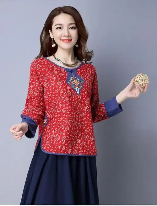 春秋女装新款民族风女装秋装棉麻中式复古上衣碎花刺绣长袖t恤