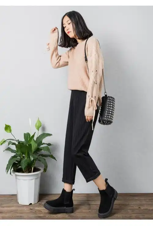 萝卜裤女冬九分2017新款宽松紧休闲高腰七分格子小脚哈伦裤烟管裤