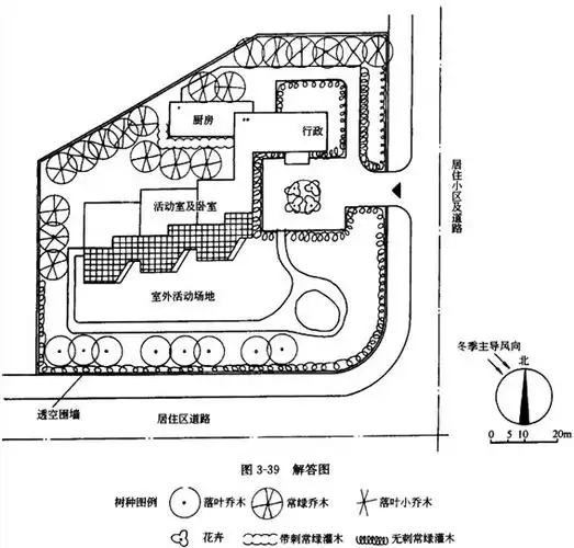 1)图例与比例尺见图3-38 2)单位:m 3)设计条件 幼儿园总平面布置如图3