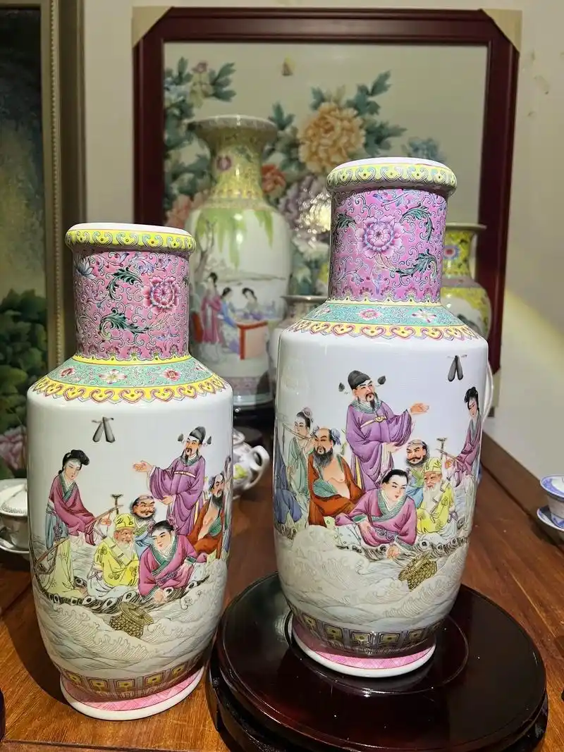 艺术瓷厂七十年代初期老艺人精心绘制的粉彩人物八仙过海作品,人 - 抖