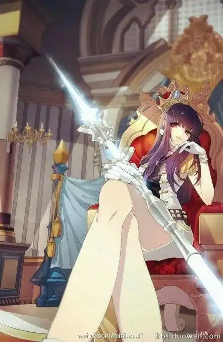 求一张动漫图片,一个霸气十足带着坏笑的女生翘着腿坐在王座上