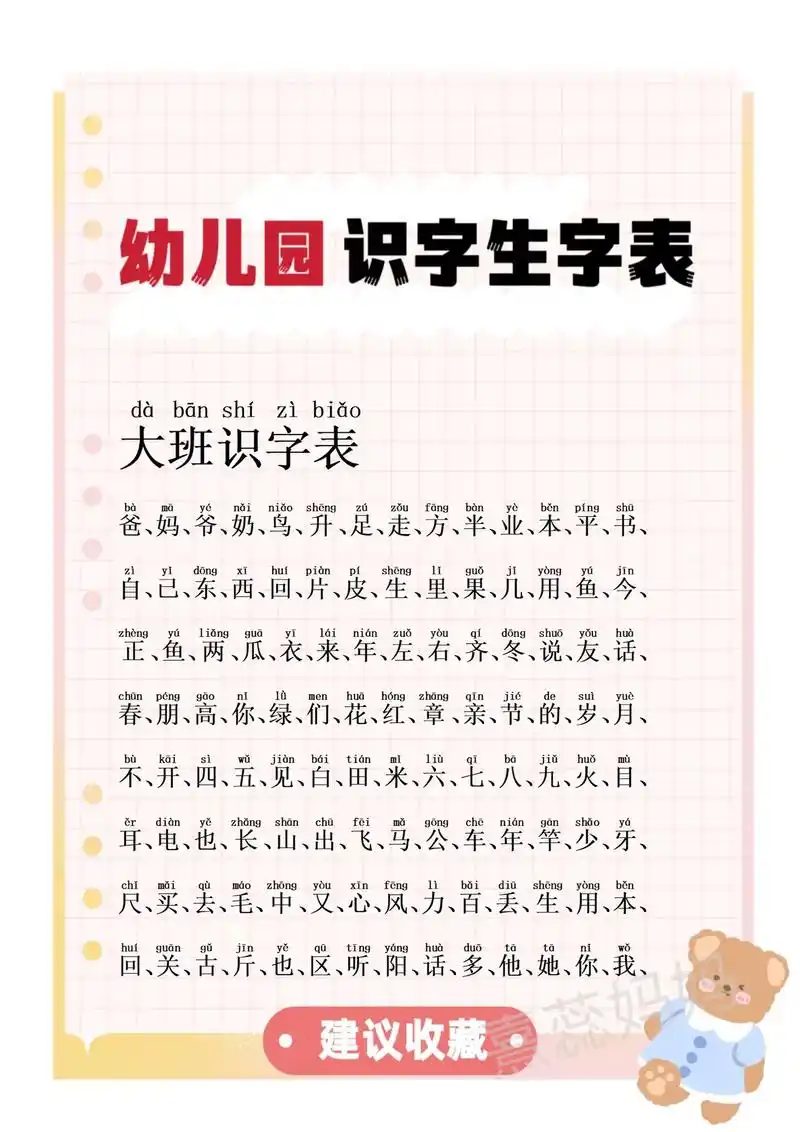 幼儿园小 中大班必会的生字表.快学起来吧#识字 #每天学习一 - 抖音