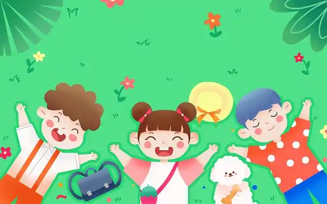 儿童节海报六一儿童节绿色夏日卡通儿童室外草坪开心快乐扁平插画扁平