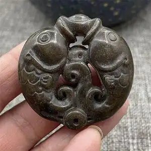 古玩玉器岫玉玉雕双鱼老式吊坠挂件仿古老玉古玉杂项捡漏吊牌收藏