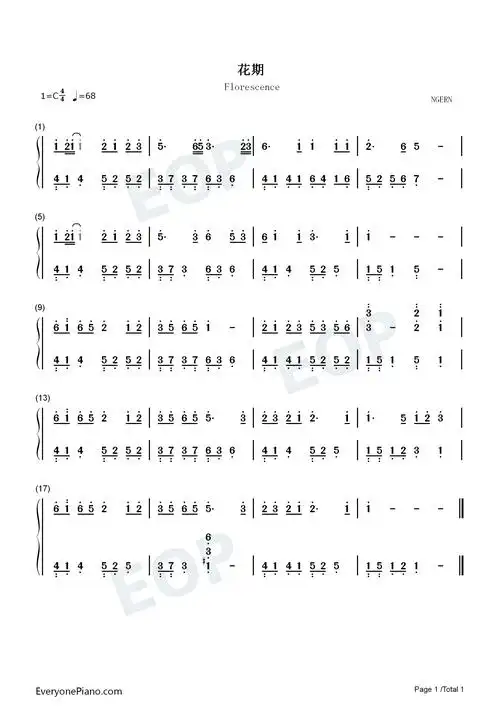 花期-c调简单版-钢琴谱文件(五线谱,双手简谱,数字谱,midi,pdf)免费