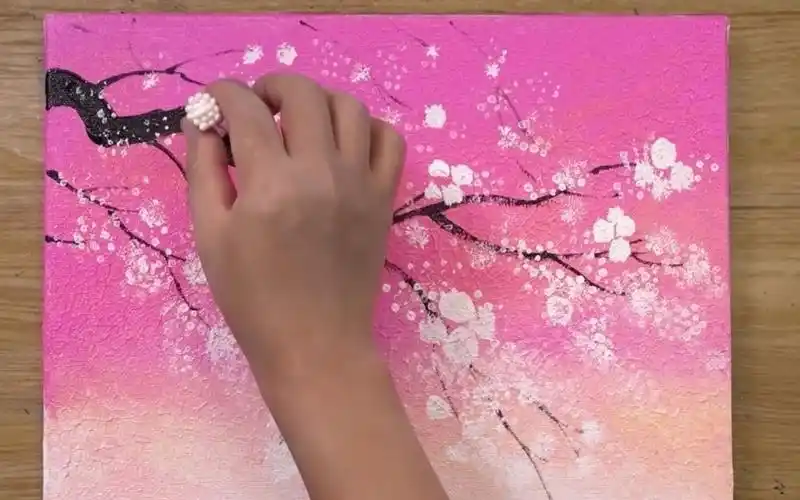 丙烯画 粉色天空下的樱花树