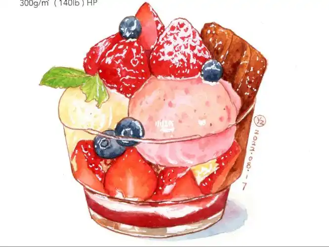 钢笔淡彩写生草莓香草冰淇淋绘画过程