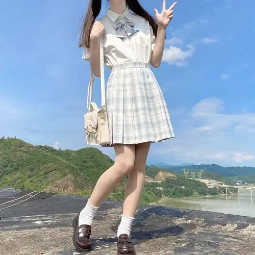 【颜沐溪】 离岸 原创jk制服正版浅蓝色百褶裙 清新萌款