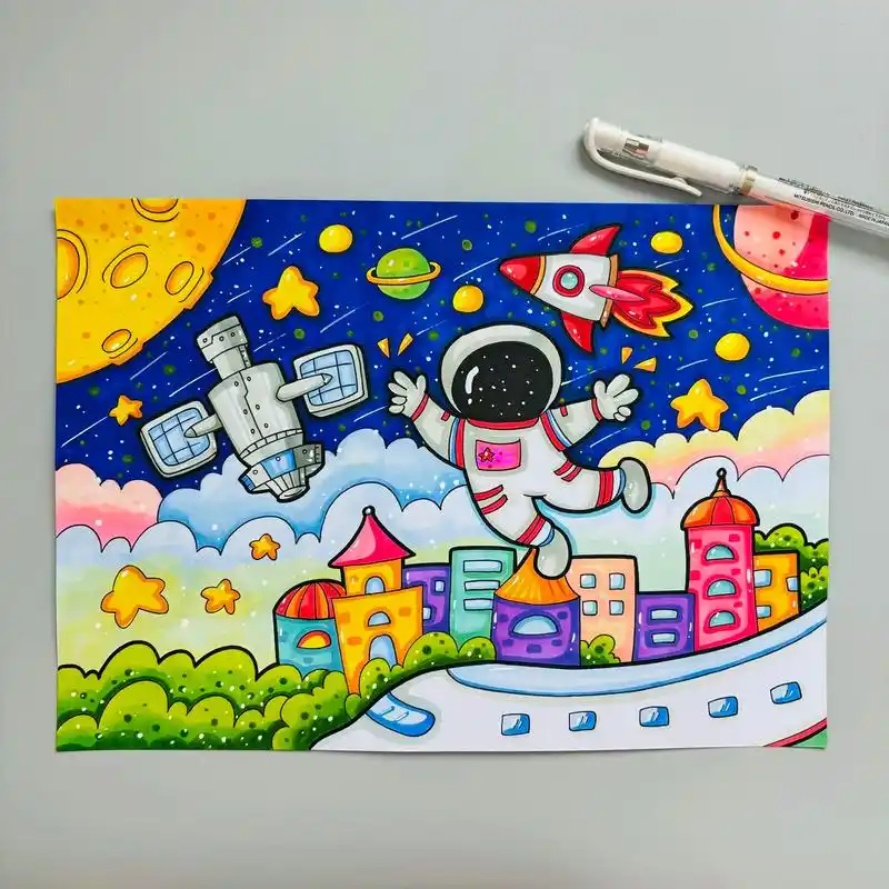 科幻主题画——未来城市96暑假作业来喽～#科幻主题画#科技主 - 抖