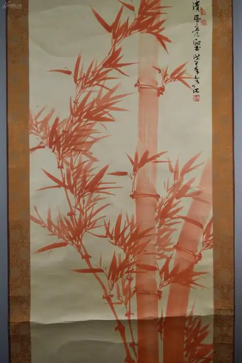 【图】(54)落款 文红 绢本手绘《朱竹图》装裱立轴画一幅 绫布装裱 锦