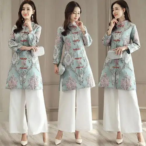 中国民族风女装套装2017秋冬复古长袖印花旗袍连衣裙阔腿裤两件套