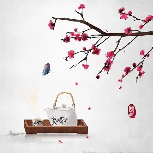 春天花枝蝴蝶茶文化意境古典24节气水墨画中式古风插画