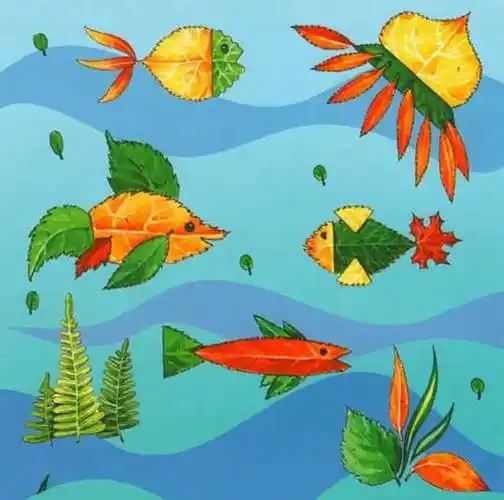 树叶贴画手工一,树叶拼一条鱼