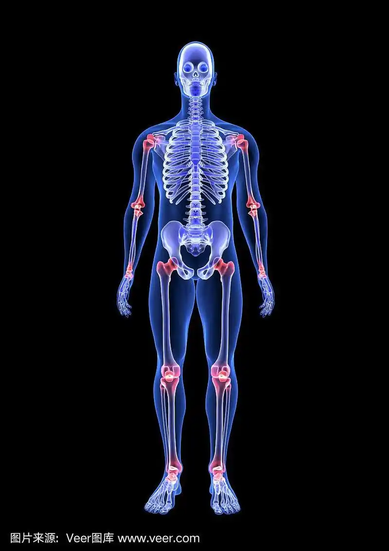 关节痛.蓝色人体解剖身体和骨骼3d扫描渲染在黑色的背景