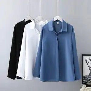 加大码简洁知性纯色翻领衬衫韩版职业范妈妈白色长袖打底衬衫女