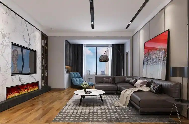 客厅大理石壁炉 沙发硬包背景墙,简单大气用筒灯和灯带营造卧室氛围