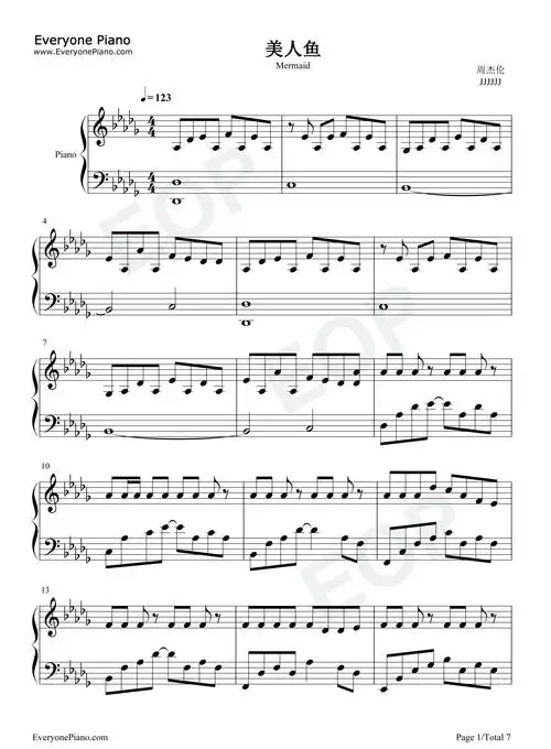 美人鱼-周杰伦五线谱预览1-钢琴谱文件(五线谱,双手简谱,数字谱,midi