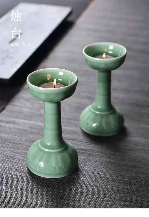 青瓷烛台中式莲花烛台家用佛前用品供奉蜡烛陶瓷酥油灯座饰品摆件