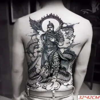 贴男女款防水刺青大图后背关公龙纹身贴纸逼真乌省新品 满背黑圈关羽