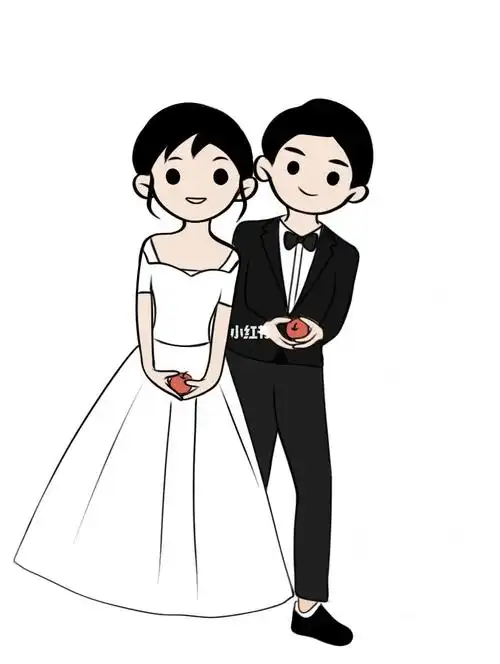 手绘卡通婚纱照简笔画附线稿