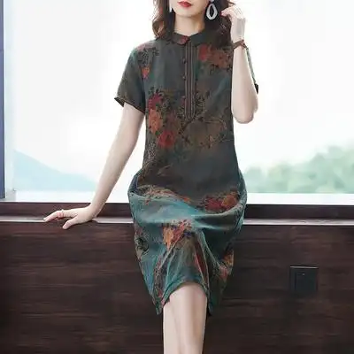 正宗香云纱连衣裙女宽松真丝大码重磅印花新款桑蚕丝女装