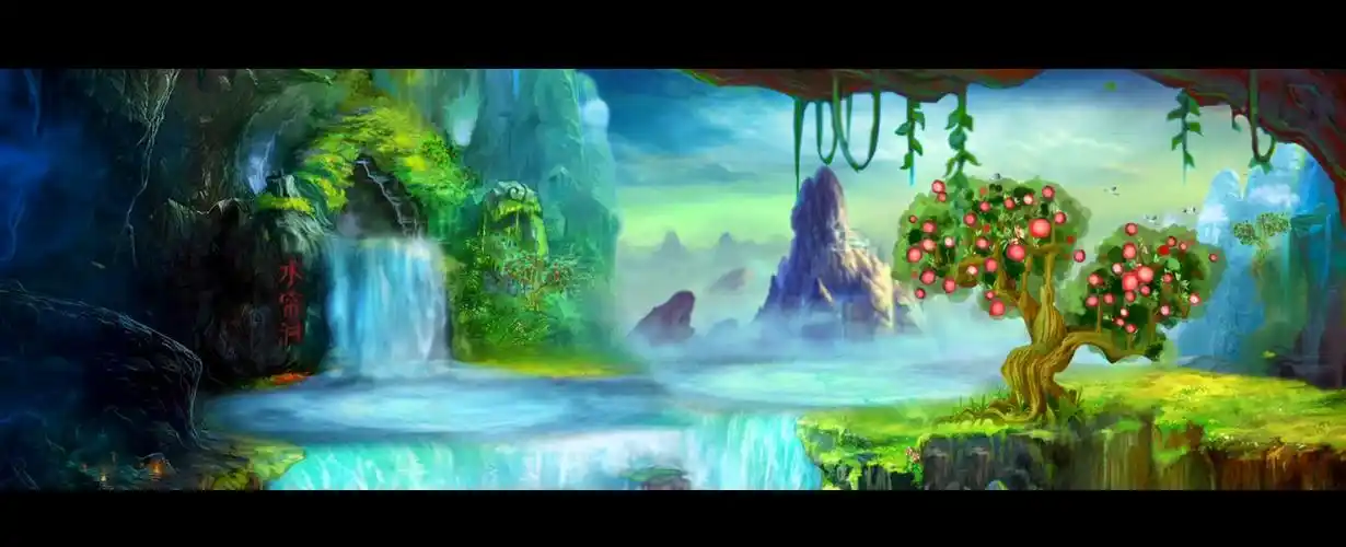 舞台素材清新唯美风景花果山水帘洞仙鹤飞舞舞台视频背景