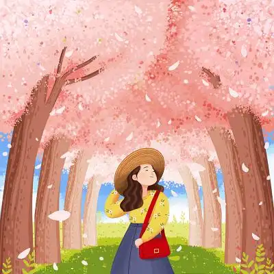 春分插画卡通手绘樱花人物素材