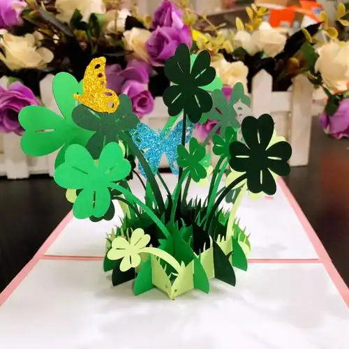 3d立体贺卡植物花卉款四叶草爱情树花洒盆花创意小清新