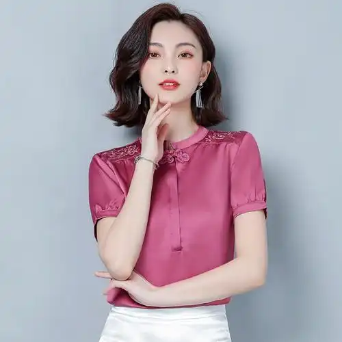 重磅真丝上衣女夏短袖高端丝绸绸缎小衫复古t恤