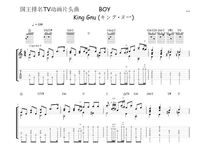 boy吉他谱_king gnu (キング99ヌー)_g调指弹吉他谱 - 吉他世界