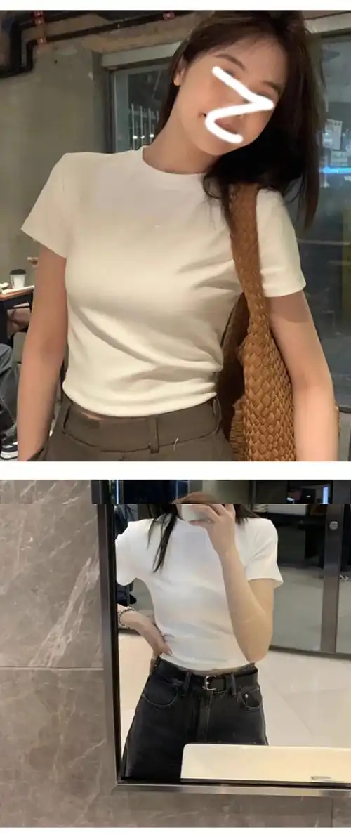 春夏白色短款圆领棉质短袖t恤女修身正肩打底体恤辣妹短装上衣… - 17