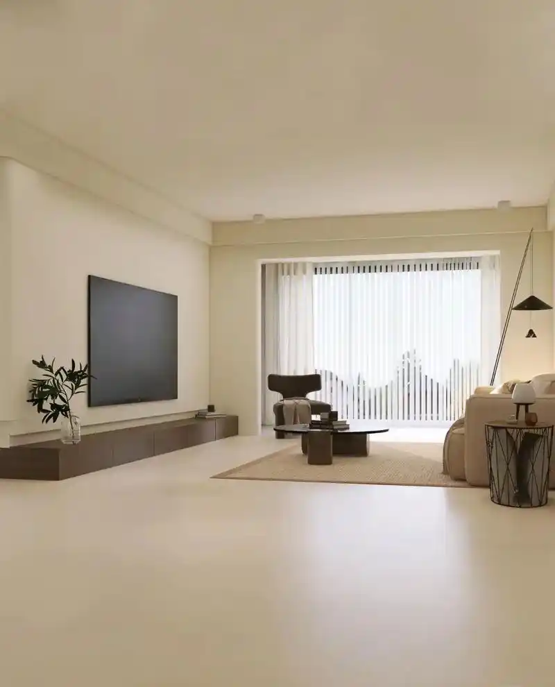 极简客厅全屋通铺微水泥瓷砖显大又温馨