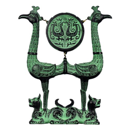 战国虎座凤架仿古青铜器古代乐器双鸟鼓架凤鼓摆件