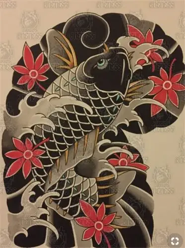 老传统半甲鲤鱼纹身手稿图片