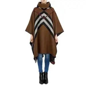 burberry/博柏利 女新款v形格纹高领套头羊绒提花披肩斗篷大衣