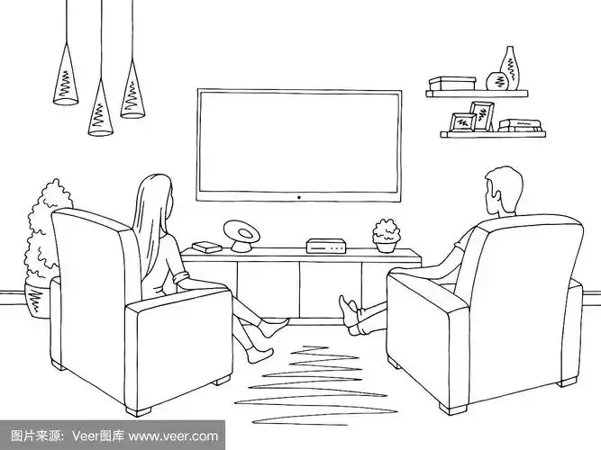 客厅图形黑白色家庭内部.女人和男人素描坐着看电视插图向量