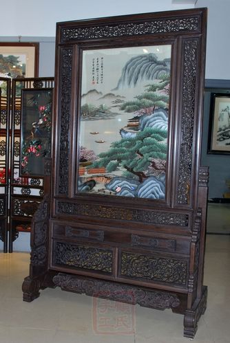 127*215顾氏刺绣双面绣落地屏风:唐寅山水,鸡翅木架系列二