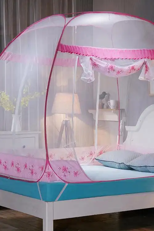 简易免安装钢丝蒙古包拉链夏天三开门蚊帐单双人床上加密加厚帐纱