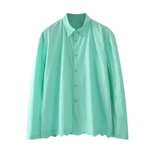 薄荷绿不规则底摆衬衫