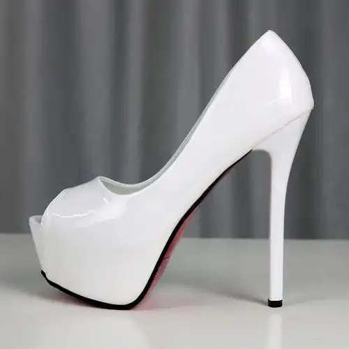 纯白色漆皮鱼嘴高跟鞋春秋单鞋细防水简单恨天高亮单鞋