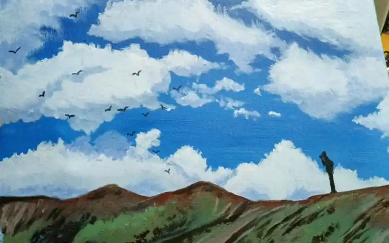 丙烯画蓝天白云