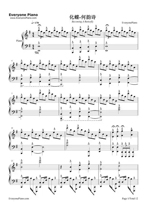 化蝶-何韵诗五线谱预览1-钢琴谱文件(五线谱,双手简谱,数字谱,midi