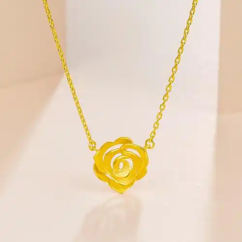 周六福珠宝黄金套链女足金项链玫瑰花吊坠计价花朵金项链女ac065266