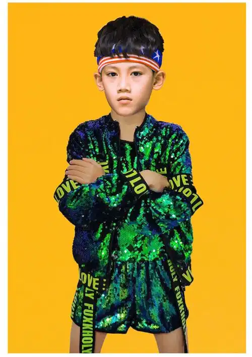 京选好货六一儿童节演出服亮片男嘻哈街舞套装爵士舞服装走秀架子鼓