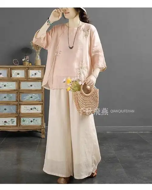 国风复古浅绿刺绣花朵上衣女文艺清新中式偏襟盘扣上衣棉麻小衫夏