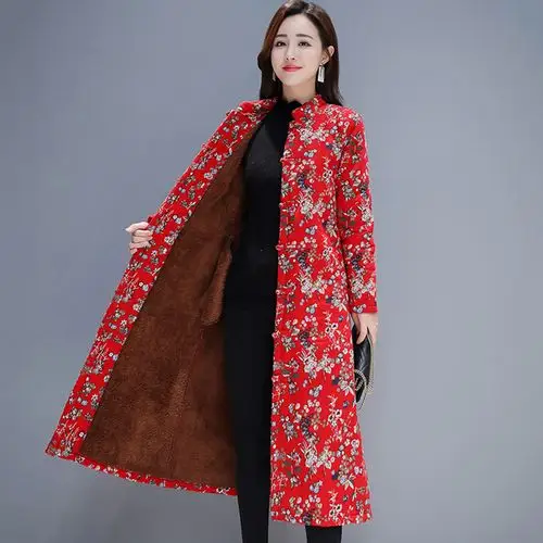 民族风2019冬季复古加绒棉服女中长款妈妈外套棉袄过膝碎花棉衣秋